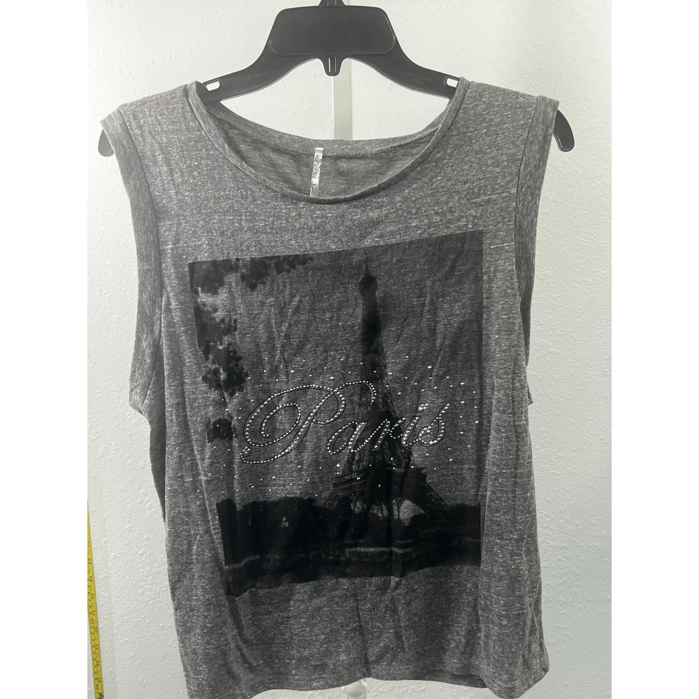 JC Fits Inc Paris Eiffel Tower Graphic Muscle Tank Top Gray Rhinestone Womens L